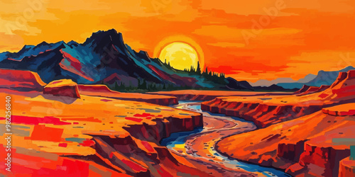 vector landscape a mountainous horizon. In the foreground, there is a winding river or stream flowing through a desert-like terrain with rolling hills and rock formations. 