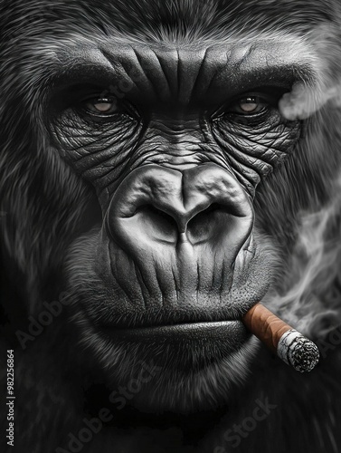 Realistic Gorilla Smoking a Cigar in Dramatic Lighting. Generative ai