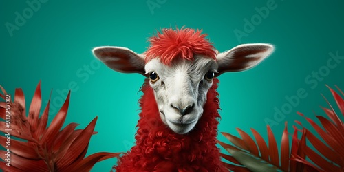 Cute sheep with green leaves on red background. 3d rendering