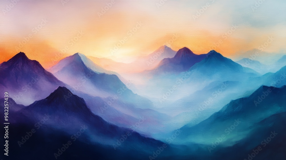Fototapeta premium A Misty Mountain Range at Sunrise with Vibrant Colors