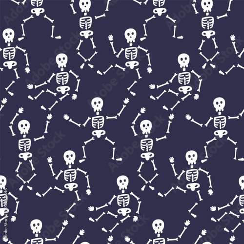 Seamless Pattern of Playful Dancing Skeletons on Dark Background: Halloween-Themed Design