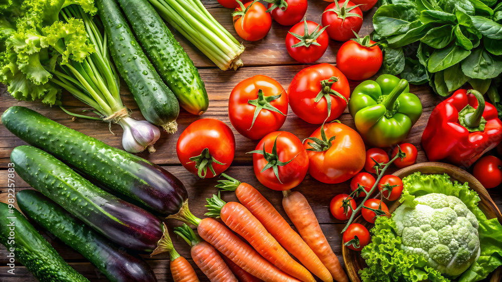 A variety of fresh, organic vegetables including tomatoes, cucumbers, carrots, and lettuce, fresh, organic, vegetables A variety of fresh, organic vegetables including tomatoes, cucumbers, carrots, and lettuce, fresh, organic, vegetables