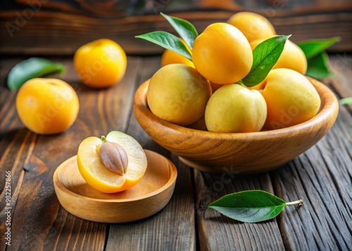 Longnan fruit, a type of Chinese apricot, with its smooth yellow skin and sweet yellow-green flesh, resting on a wooden table with a shallow bowl. photo