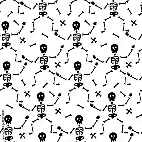 Seamless Pattern of Playful Dancing Skeletons on white Background: Halloween-Themed Design