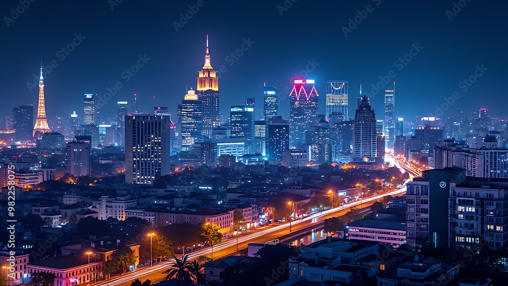Obraz premium A nighttime cityscape filled with illuminated buildings and vibrant lights creates a captivating view, showcasing the dynamic energy and allure of urban life after dark.