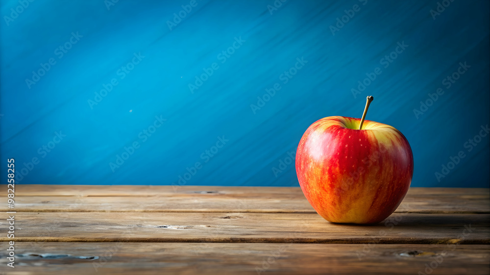 Exquisite apple on table with blue background , Premium, fresh, fruit, healthy, organic, closeup, shiny, juicy, gourmet, food Exquisite apple on table with blue background , Premium, fresh, fruit, healthy, organic, closeup, shiny, juicy, gourmet, food