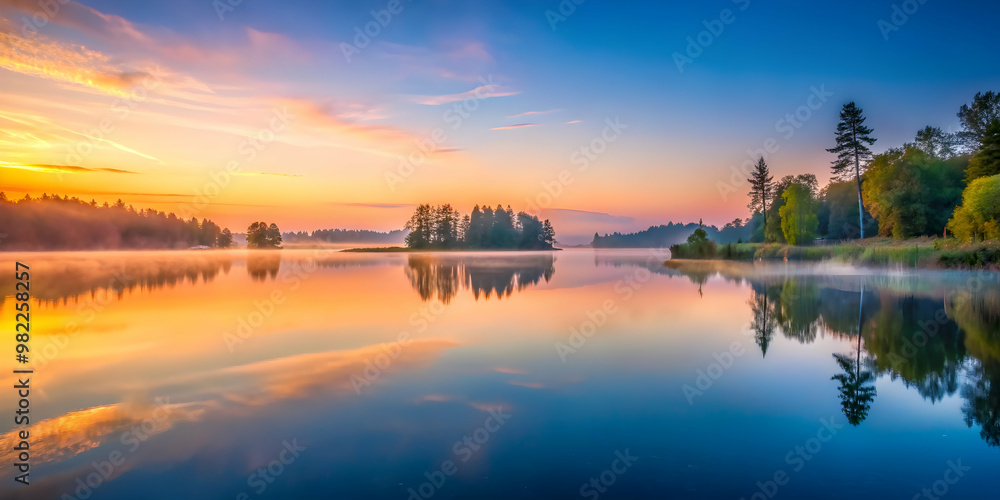 Fototapeta premium Serenity at Dawn A lake reflecting the first light, capturing the calmness of nature's morning grace, serene, dawn, reflections