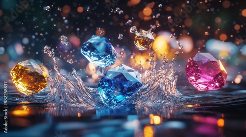 Colorful Gemstones Splashing into Water with a Bokeh Background