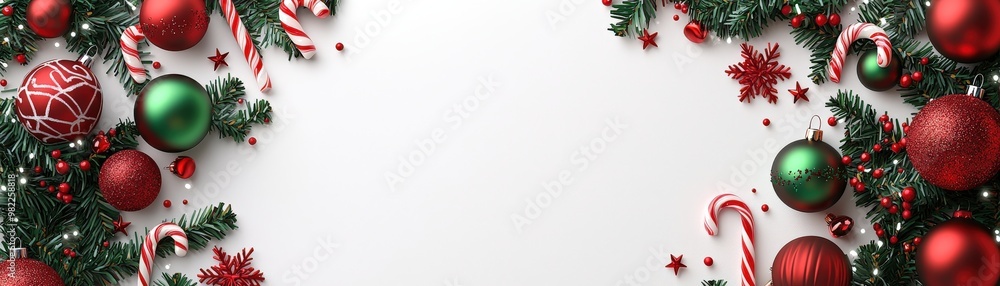 A charming Christmas greeting card frame adorned with vibrant red and green ornaments, candy canes, and twinkling stars, all set against a pure white background that highlights the joyful holiday A charming Christmas greeting card frame adorned with vibrant red and green ornaments, candy canes, and twinkling stars, all set against a pure white background that highlights the joyful holiday