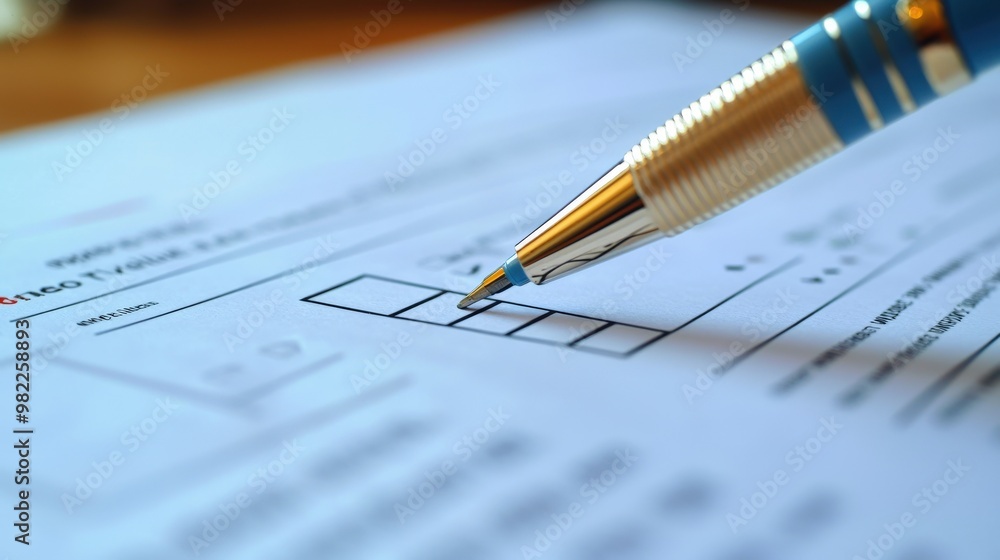 Close-up of a pen marking a checkbox on a ballot form, ballot marking, election decision Close-up of a pen marking a checkbox on a ballot form, ballot marking, election decision