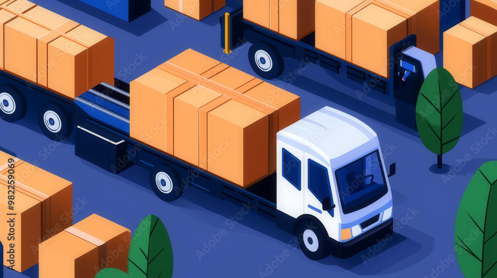Smart logistics hub with electric vehicles and automated sorting, flat design illustration Smart logistics hub with electric vehicles and automated sorting, flat design illustration