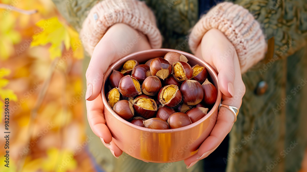 Chestnuts in a bowl roasted seasonal snacks in autumn leaves hands holding warm treat Chestnuts in a bowl roasted seasonal snacks in autumn leaves hands holding warm treat