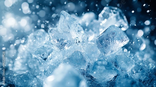 Close-up of Clear Ice Cubes with Water Droplets and Blue Bokeh