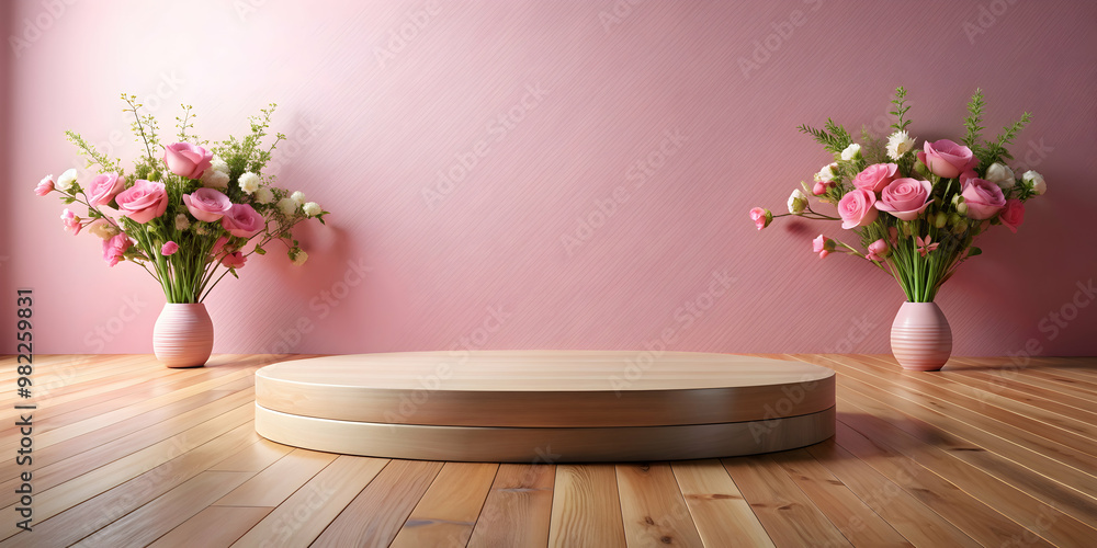 Wooden floor pink round podium with flowers for product presentation, wooden, floor, pink, round, podium, flowers Wooden floor pink round podium with flowers for product presentation, wooden, floor, pink, round, podium, flowers
