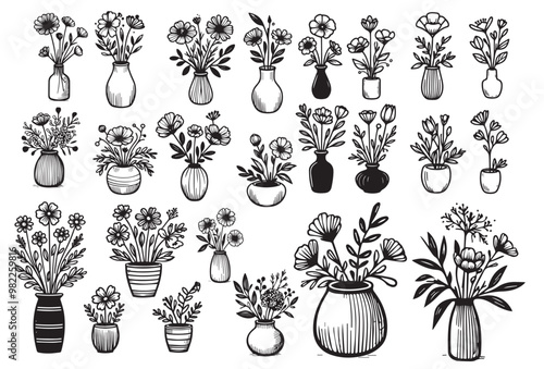 Flowers in a vase contour set. Simple doodle style for postcards, notebooks, stickers, design. Black and white. Graceful, lovely flowers, a decorative element.