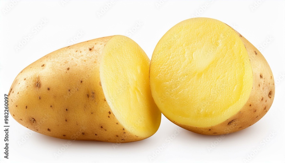 Potato root vegetable, many angles view side top front group slice cut on white isolated background Potato root vegetable, many angles view side top front group slice cut on white isolated background