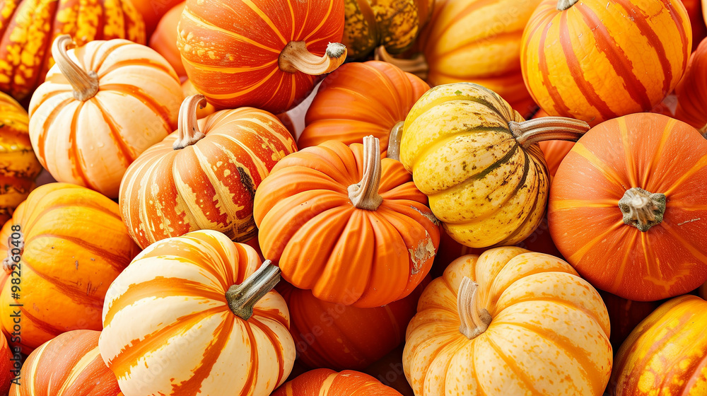 Pumpkins in vibrant colors showcasing autumn harvest in a decorative arrangement Pumpkins in vibrant colors showcasing autumn harvest in a decorative arrangement
