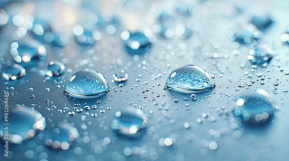 Close-up of Two Water Drops on a Blue Surface with Numerous Smaller Drops Close-up of Two Water Drops on a Blue Surface with Numerous Smaller Drops