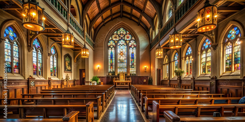 Interior of church with ornate stained glass windows, wooden pews, and candlelit altar , church, interior Interior of church with ornate stained glass windows, wooden pews, and candlelit altar , church, interior