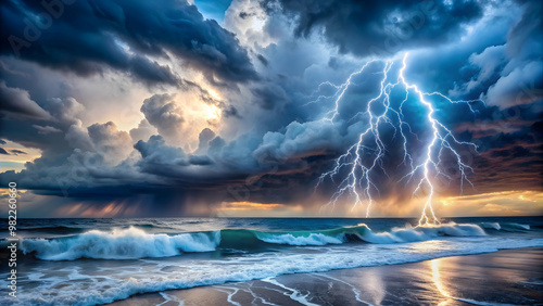 Dramatic storm over ocean with lightning and crashing waves , storm, ocean, lightning, waves, dramatic, power, dark, fury photo