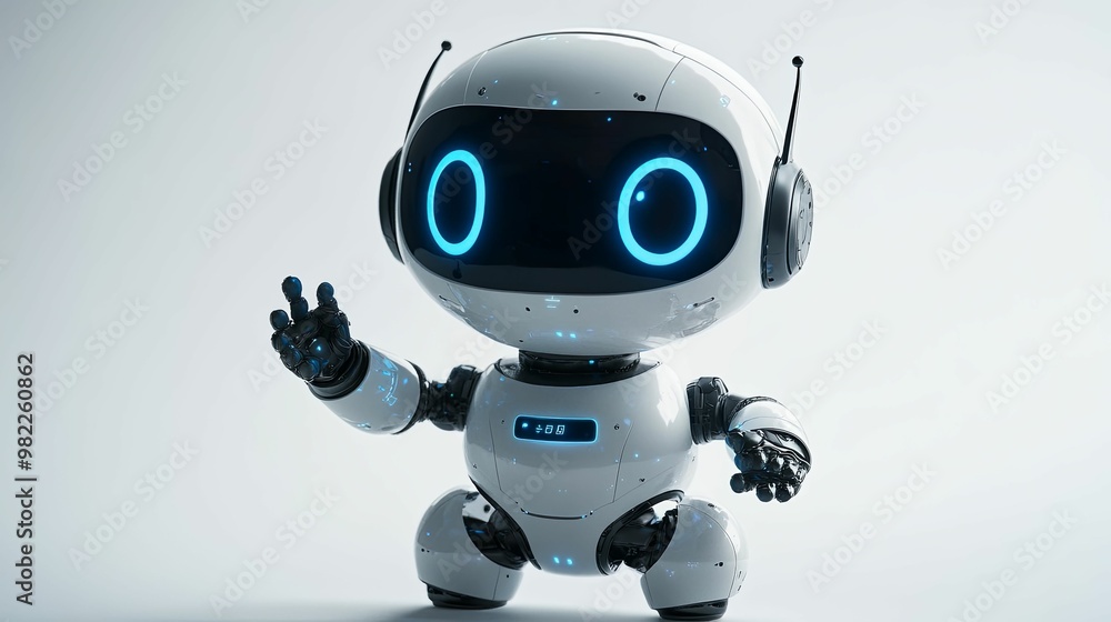 White robot with blue glowing eyes and antenna, gesturing with hand White robot with blue glowing eyes and antenna, gesturing with hand
