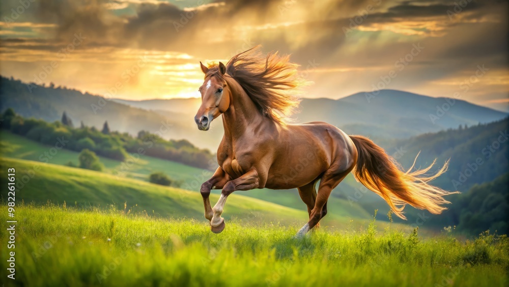 Obraz premium A majestic horse gallops through a plush emerald field, its silky mane and tail blowing in the wind,