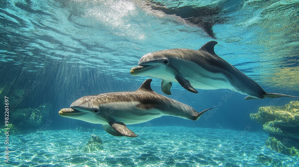 Obraz premium Serene Moment of a Baby Dolphin Swimming with Mother in Crystal Clear Water under Sun Rays
