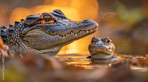 Adorable Baby Alligator and Mother in Swamp at Warm Sunset photo