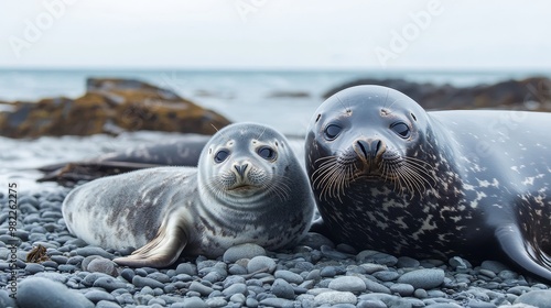 Tender Moment: Baby Seal Resting Beside Mother on Rocky Shoreline under Overcast Sky