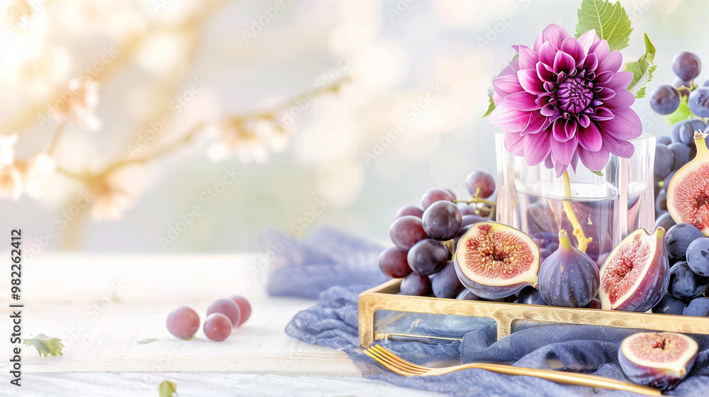 Grapes and figs arranged elegantly with floral presentation in a stunning fruit display Grapes and figs arranged elegantly with floral presentation in a stunning fruit display