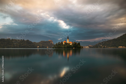 Amazing View On Bled Lake, Island,Church And Castle With Mountain Range