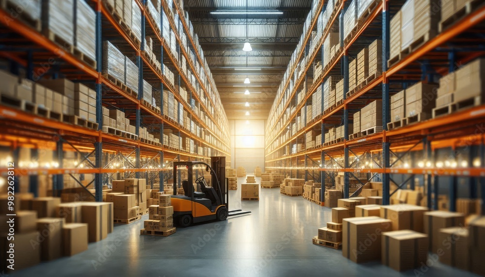 High-resolution stock photo of a bustling retail warehouse filled with stacked shelves of goods in cartons, pallets arranged neatly, and forklifts in motion, with a blurred background High-resolution stock photo of a bustling retail warehouse filled with stacked shelves of goods in cartons, pallets arranged neatly, and forklifts in motion, with a blurred background