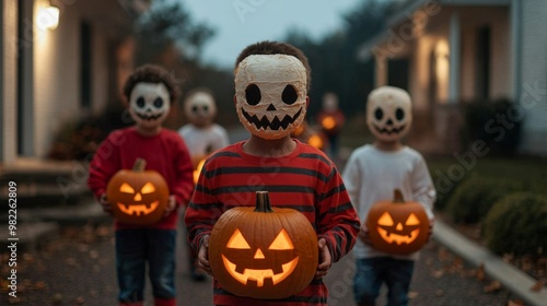 Children in Halloween costumes with glowing pumpkins