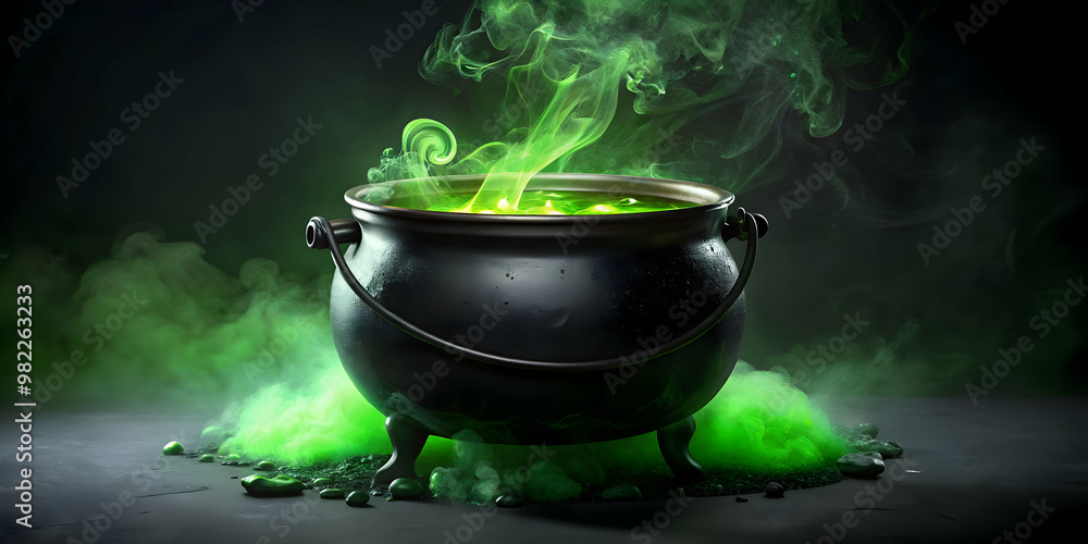 A black cauldron filled with bubbling green potion, Halloween, witchcraft, magic, boiling, potion, mystery, spooky A black cauldron filled with bubbling green potion, Halloween, witchcraft, magic, boiling, potion, mystery, spooky