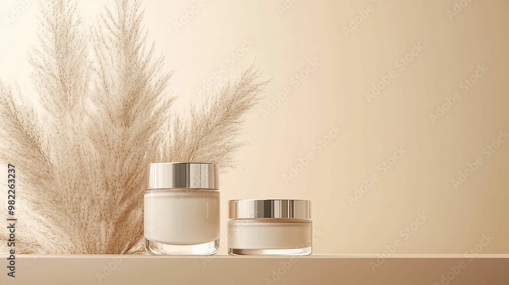 Two Glass Jars of Cream with a Brown Pampas Grass Two Glass Jars of Cream with a Brown Pampas Grass