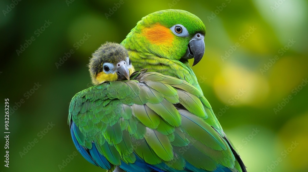 Adorable Baby Parrot Perched on Mother's Back in Lush Tropical Rainforest - Vibrant Colors and Family Bonding Adorable Baby Parrot Perched on Mother's Back in Lush Tropical Rainforest - Vibrant Colors and Family Bonding