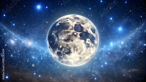 Glowing full moon in night sky with stars , moon, night, sky, stars, lunar, celestial, glowing, bright, space, astronomy