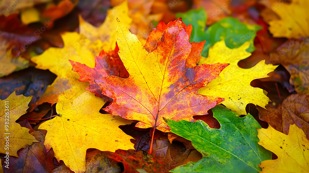 Vibrant Autumn Leaves Displaying a Stunning Array of Colors, with Shades of Yellow, Orange, Red and Green Vibrant Autumn Leaves Displaying a Stunning Array of Colors, with Shades of Yellow, Orange, Red and Green