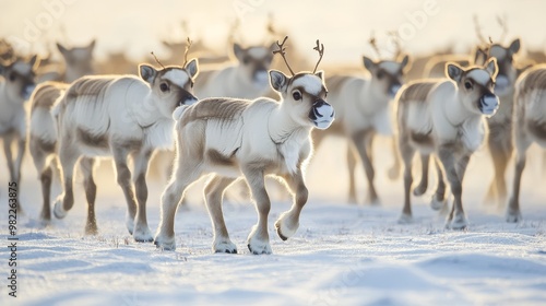 Adorable Baby Reindeer Strolling Among Herd on Snowy Tundra Bathed in Soft Winter Light