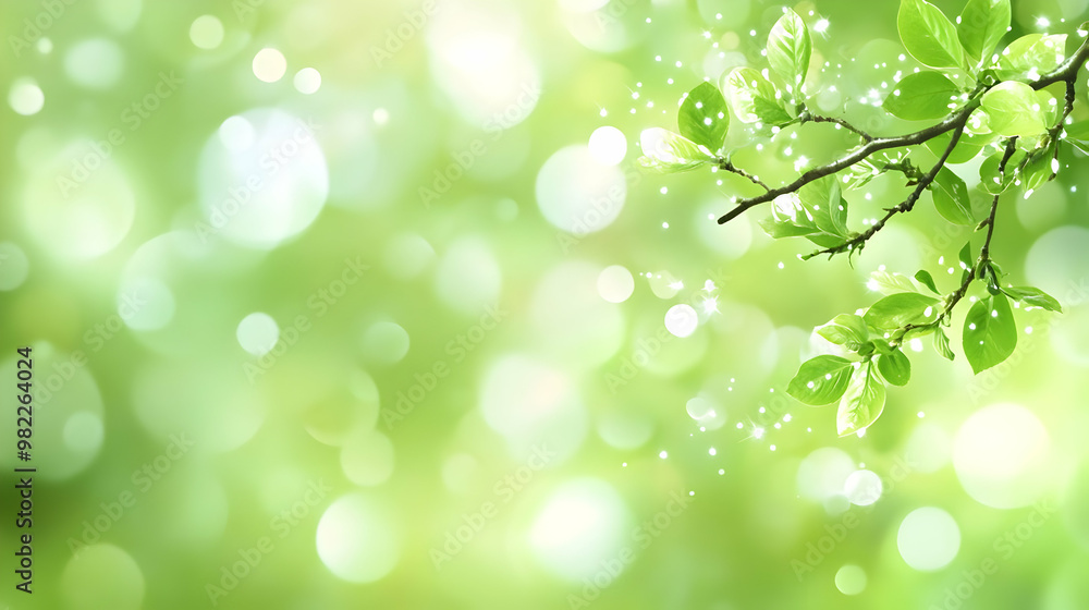 Obraz premium Abstract Green Nature Background with Branch and Shiny Light Bokeh Effect, Creating a Serene and Peaceful Atmosphere for Design Projects.