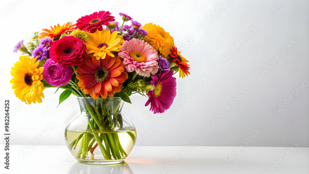 Obraz premium Bright bouquet of colorful flowers in a clear glass vase on a white background, floral arrangement, vibrant