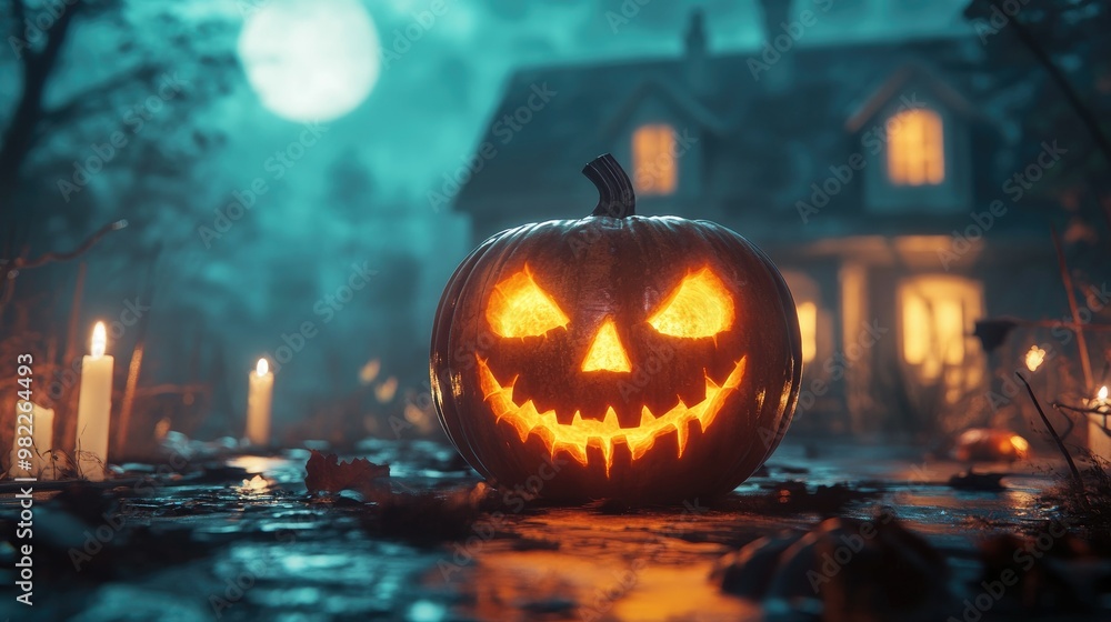 Halloween pumpkin with candlelight in front of a haunted house background, Halloween pumpkin with candlelight in front of a haunted house background,
