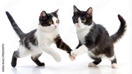 A mischievous pair of black and white cats frolic in a playful game of tag on a clean