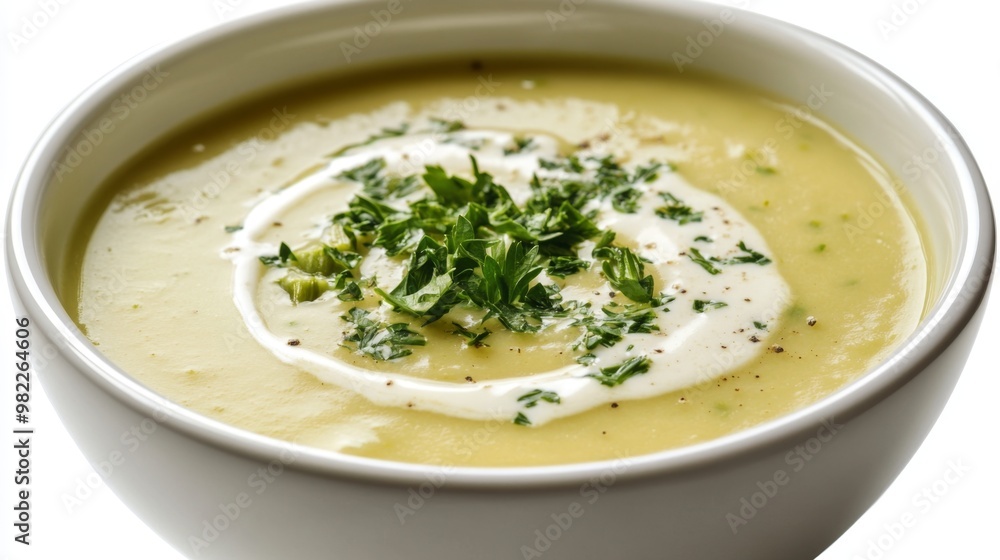 Creamy asparagus soup with a swirl of cream Creamy asparagus soup with a swirl of cream