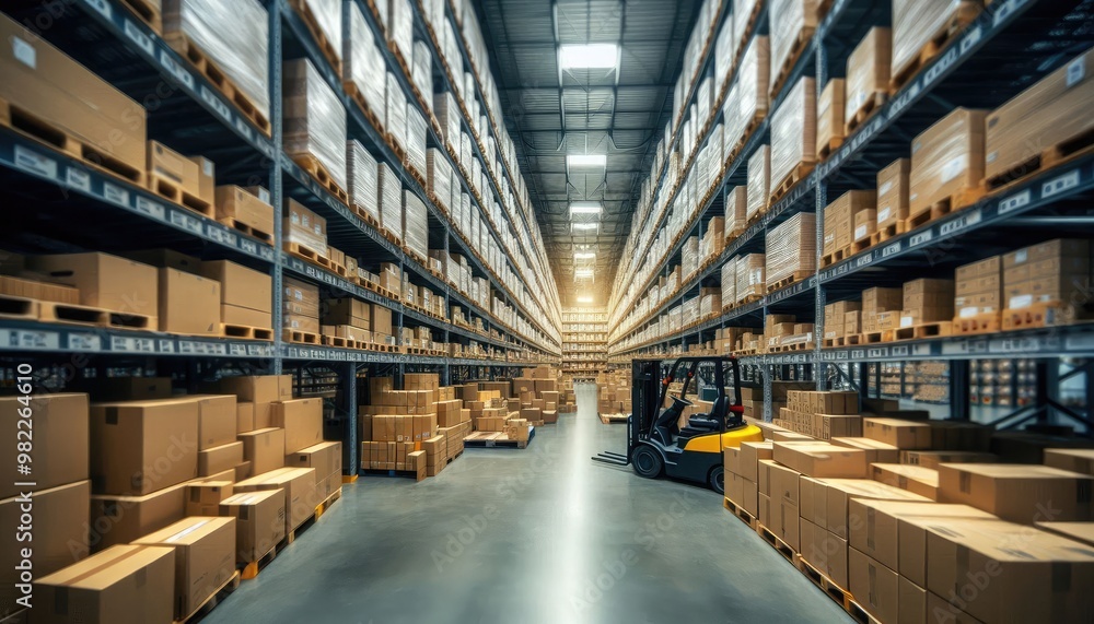 High-resolution stock photo of a bustling retail warehouse filled with stacked shelves of goods in cartons, pallets arranged neatly, and forklifts in motion, with a blurred background High-resolution stock photo of a bustling retail warehouse filled with stacked shelves of goods in cartons, pallets arranged neatly, and forklifts in motion, with a blurred background