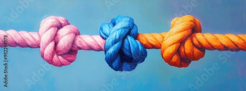 three knotted strings, each tied to one another in different colors of blue pink and orange, hyper realistic oil painting photo