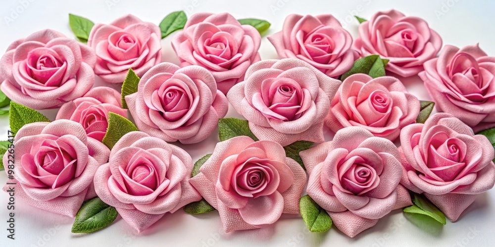 An arrangement of pink cloth roses for clothing design or decoration purposes An arrangement of pink cloth roses for clothing design or decoration purposes