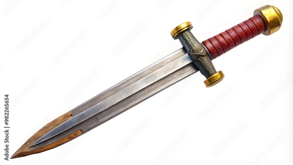 Ancient Roman gladius sword, with ornate hilt and intricate designs, stands alone on a pristine white background, Ancient Roman gladius sword, with ornate hilt and intricate designs, stands alone on a pristine white background,