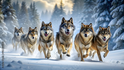 Pack of fierce wolves running through snowy forest