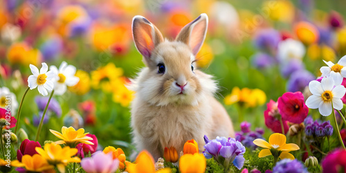 Adorable fluffy bunny in a field with colorful flowers , cute, animal, rabbit, Easter, pet, fluffy, soft, fur, whiskers, woodland photo